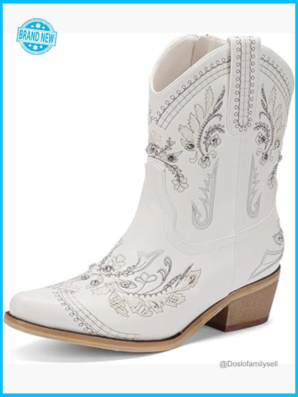 Rhinestone Embroidered Ankle Cowboy Boots with Low Chunky Heel Side Zipper Pull